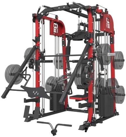 smithmachine with smithbar, Home Gym Station with Dual Weight Stacks, 4000LBS Power Cage Squat Rack with Lever Arm, Leg Press, LAT Pull Down, Cable Crossover Machine for Full Body Training, Red