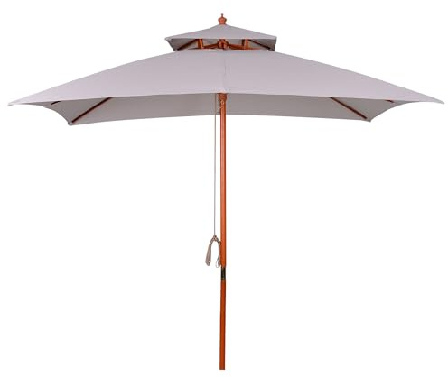 Outsunny Ombrellone da Giardino 3x3 m con Sistema a Corda, Parasole a 2 Livelli, Ombrellone da Esterno Quadrato a 8 Stecche, in Bambù, Legno Pioppo e Poliestere, per Cortile Balcone, Grigio