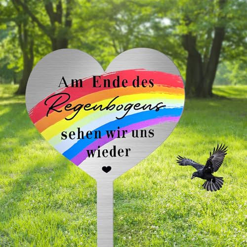 DBALL Grabschmuck Grabstecker Aus Edelstahl Grabstecker Wetterfest Herzförmiger Grabstein Geeignet für Garten Und Lnnenhof (Spruch Am Ende des Regenbogens Sehen Wir Uns Wieder)