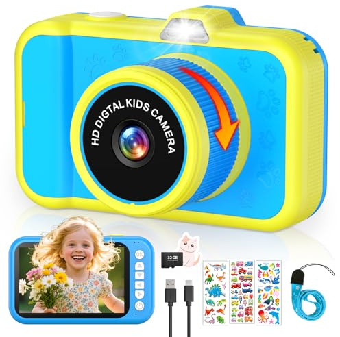 Kinderkamera mit 360°Rotierendes Zoomobjektiv, 3,5 Großes Display, Kinder Kamera mit Selfies, LED-Blitz, Digitalkamera Fotoapparat Kinders mit 32G Karte, Spielzeug Geschenke für Kinder 3-12