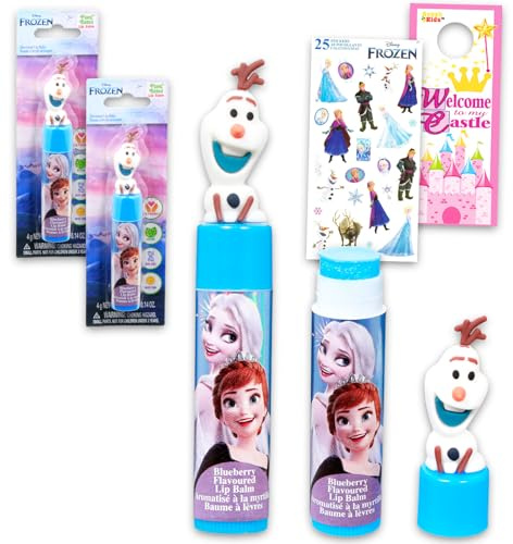 Frozen Lip Balm Tubes for Girls – Bundle with 2 Tubes of Plant Based Lip Balm in Blueberry Flavor with Olaf Figurine Topper Plus Stickers, More | Disney Frozen Party Favors