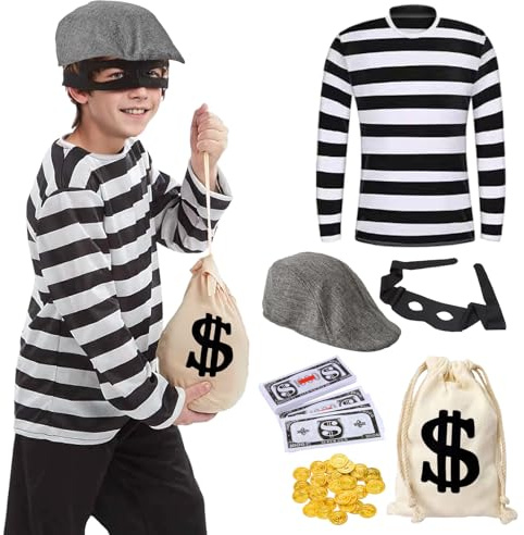 HarnyLoom Costume da Ladro Bambino, Costume da Bandito Bambini Ragazze Carcerato Vestito Ladro Maschera Borsa da un Dollaro Cosplay Festa Carnevale Halloween (M)