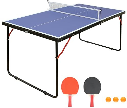 XPSSJMU Mesa de Ping-Pong con Red y Raquetas, Plegable para Uso en Interiores y Exteriores, Apta para niños y Adultos, Superficie Azul, Incluye 2 Raquetas y Pelotas, fácil de Montar