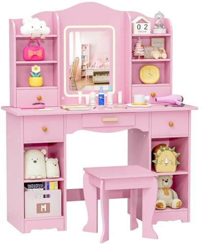 MAMIZO Sminkbord för barn med LED-belysning, sminkbord för barn med spegel, skrivbord med pall, 5 lådor och 10 förvaringsfack, prinsesstoalettbord av trä, 95 x 34 x 118 cm, rosa