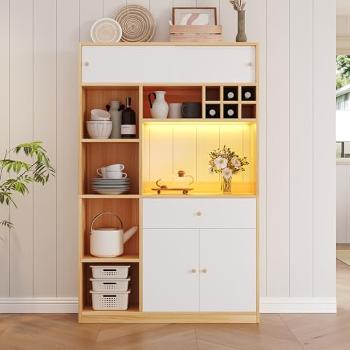 Armadietto da cucina, buffet con buffet LED, armadio multiuso con cassetto, tre ante e ripiani per riporre le posate, ampio spazio per microonde (bianco+naturale, 115 x 35 x 180 cm)