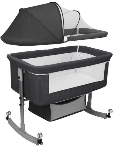 bephible Bedside Crib, 3-in-1 Bedside Crib with Storage Basket, 6 Levels Height Adjustable Baby Cot with Mosquito Net, Portable Baby Travel Cot for Newborn 0-3years（Up to 10kg） Black
