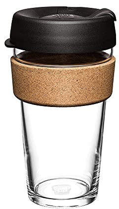 KeepCup Brew Cork, Mehrweg-Glasbecher, spritzwassergeschütz, Large 16oz 454mls, Schwarz