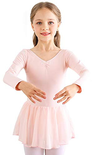 Bezioner Ballet Robe Filles Danse Justaucorps V-Cou Costume Fille Jupe Tutu Manche Courte et Manche Longue (150 (140-150cm,12-13 Ans), Rose Manche Longue)
