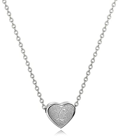 CHENGMEN Initial Necklace Alphabet Letter L Engraved Tiny Cute Matte Heart Pendant White Gold Plated Stainless Steel Silver Necklaces Unique Jewellery for Women Girls