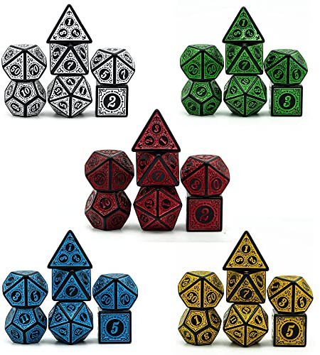 Poludie 5 set fönstergitter DND tärningar polyedriska tärningar set (35 st) med snidade graveringar, D & D tärningar set för fängelsehålor och drakar, RPG, MTG bordsspel