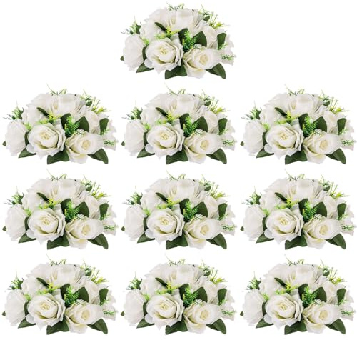 Inweder Artificial Flower for Wedding: White Rose Ball with Base, 10 Pcs | Fake Silk, 25.5cm Diameter, Flower Bouquet Arrangement for Table Centrepiece, Parties, Anniversary Decorations