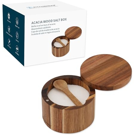 KITCHENDAO Acacia Wood Salt Cellar Bowl Box with Built-in Spoon to avoid Dust, Elegant Kitchen Salt Container Holder with Swivel Magnetic Lid to Storage Pepper Spice Bath Salt Sea Salt, 6OZ