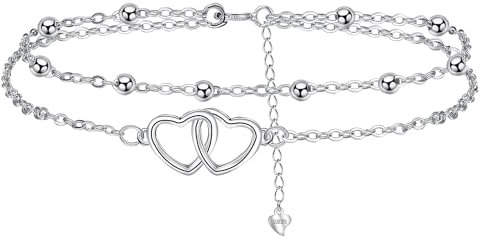 J.MUEN Herz Fußkettchen Silber 925 für Damen, Sommer Strand Schmuck Geschenk für Damen Mädchen, Verstellbare Fußkette 22+4cm