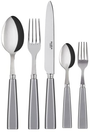 SABRE PARIS - Tafelbesteck, 5-teilig - Icône - Messer, Gabel, Esslöffel, Teelöffel & Kuchengabel - Edelstahl & Acryl - Spülmaschinenfest - Grau