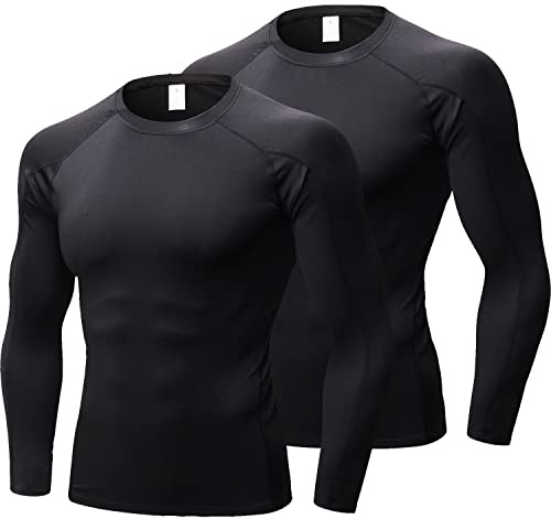 LNFINTDO Lot de 2 t-shirts de compression pour homme - Manches longues - Fonctionnel - Séchage rapide - Respirant - Pour l'entraînement, le jogging, le fitness, la gym, 2 t-shirts noirs, L