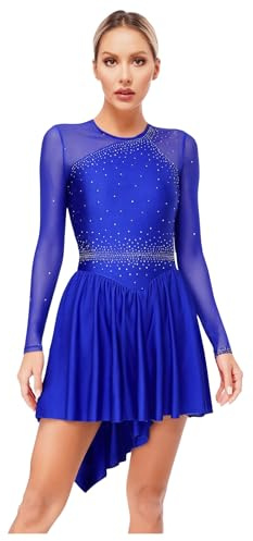 YiZYiF Damen Eiskunstlauf Kleid Langarm Glitzer Strass Tanzkleid Eislaufen Ballettkleid Trikot Moderne Tanzkleidung Blau_A S