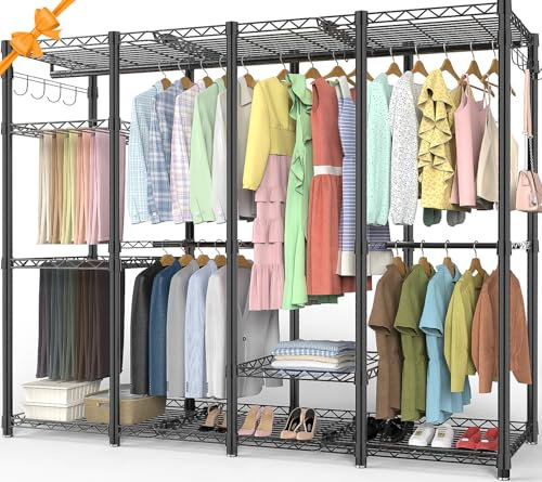 AQRA Offener Kleiderschrank System,Kleiderständer mit 9 Höhenverstellbarem Regalböden und 5 Kleiderstange, Hosenständer, 4 Schichten mit Großem Fassungsvermögen, Schwarz 193.5CM×43.5CM ×195CM