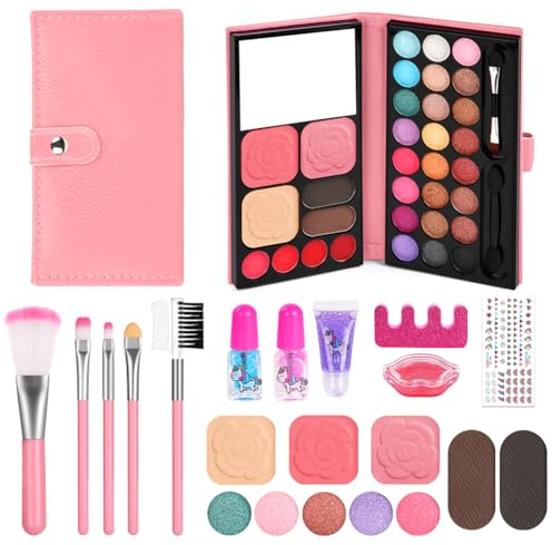Aomig Set di trucchi per bambini, 12 pezzi, rosa, tavolozza atossica e lavabile, regalo per compleanni, Halloween, Natale