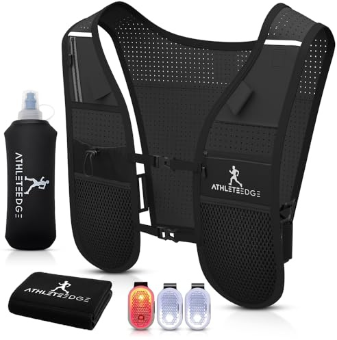 AthleteEdge Running Vest for Women Men – Lightweight Adjustable Running Vest with 500ml Water Bottle, Phone Holder, Reflective Strips, Waterproof Pouch, Hydration Vest (Vest+Bottle+Towel+Leds)