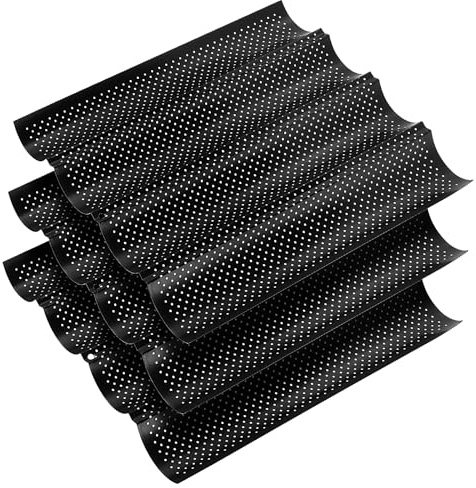 KEILEOHO 3 Moldes de Pan para 4 Baguettes, 4 Huecos, Bandejas de Horno Perforadas para Baguettes, 38 x 33 cm, Color Negro