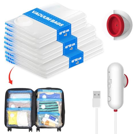 Vacbird Vacuum Storage Bags with Portable Electric Pump, 9-Pack Vacuum Bags for Clothes Travel, Reusable, Suitable for Clothing Storage, Travel, Luggage and Suitcase Storage