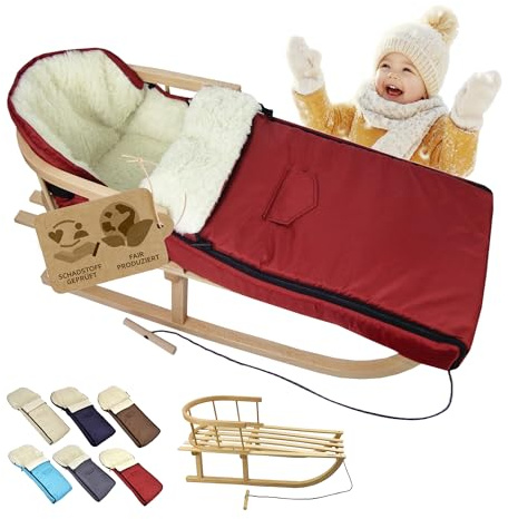 Kombi-erbjudande [träsläde universell vinteråkpåse 108 cm] kälke med ryggstöd och dragrep, fotsäck, lämplig för babystol, barnvagn, buggy med lammull (bordeaux (108 cm))