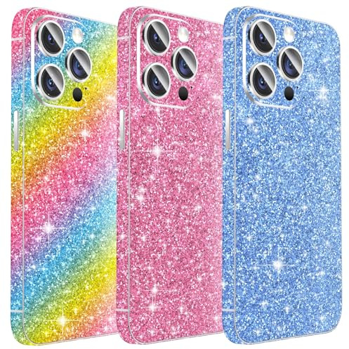 3PCS Sparkling Skin Protector for iPhone, Kucheed Bling Glitter Shiny Grain Full Cover Edges Sticker, Precise-Fit Back Protector/Luxury Wraps/Bling Phone Decorations for iPhone 13