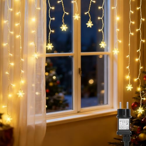 Aigostar Cortina de Luces LED Luz Cálida, 3M + 1.5x1.2M, 82 luces LED, 8 Modos, Memoria y Temporizador, IP44, para Dormitorio, Navidad, Fiesta