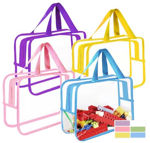Jiejieko 4 Pcs Storage Bags, Clear PVC Organizer with Zipper, Waterproof Travel Bags with Labels for Building Blocks, Puzzle, Books (multicolor1)