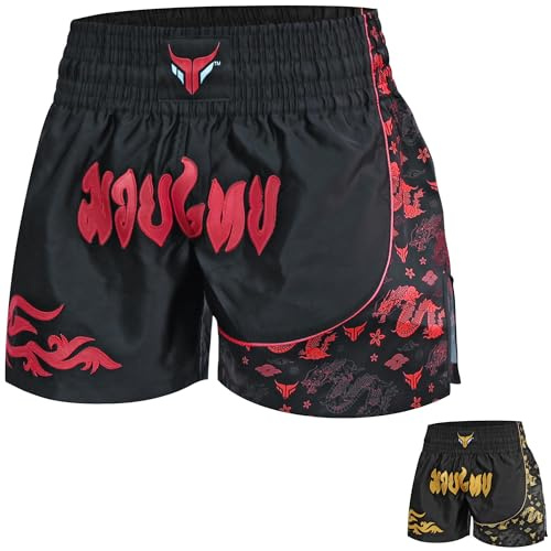 Shorts de Kickboxing para Hombre Slim Fit Short Length – Pantalones Cortos Muay Thai para MMA, Grappling, Artes Marciales y Combate en Jaula (FR/ES, Letras, M, Regular, Regular, Negro/Rojo)