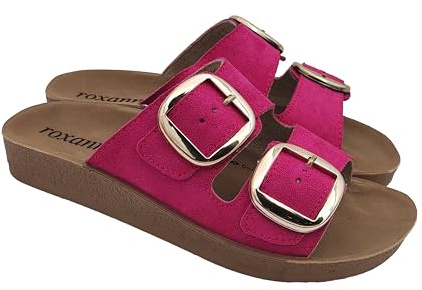 Roxanna Linea Aurea - Bonitas chanclas de verano para mujer, con doble correa, de piel sintética, para casa, playa, paseo, fucsia, 37 EU