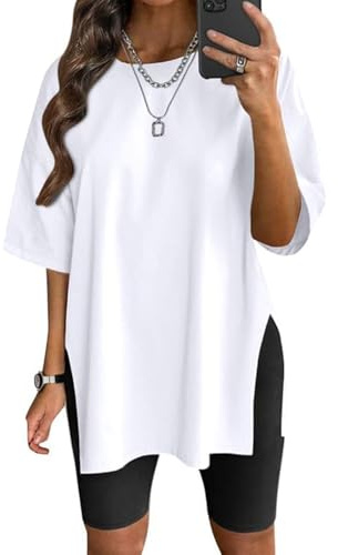 Women's Oversized T-Shirt Side Split Tees Yoga Tops Plus Size T Shirts Loose Fit Crew Neck Casual Workout White M