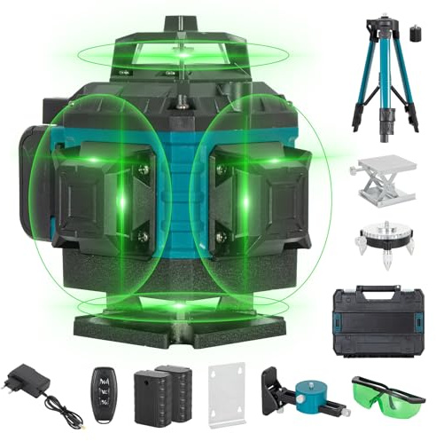Todeco Lasernivå 4 x 360° 4D 16 linjer, självnivellerande, bygglaser med 2 x 3000 mAh batteri och LED-display, vattentät och dammskyddad