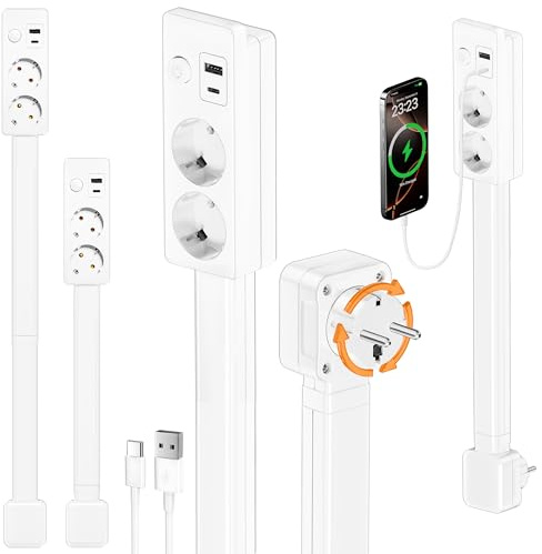 Vridbart utdragbart grenuttag med 2 EU-uttag och USB-portar, 48–71 cm för trånga utrymmen och bakom möbler