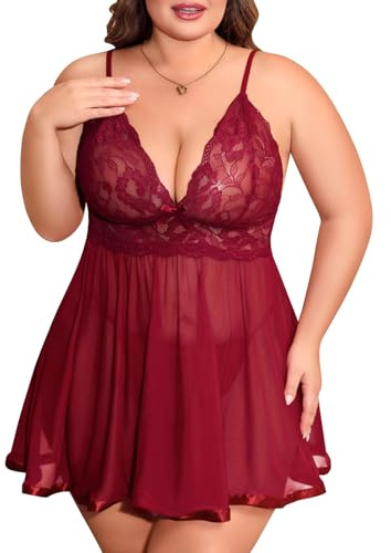 UMIPUBO Nuisette Sexy Femme Grande Taille Lingerie Dentelle Babydoll Robe Sensuelle Chemise de Nuit Tenue Hot Ensemble sous Vetement avec String Xl-4XL (Vin Rouge, XXL)