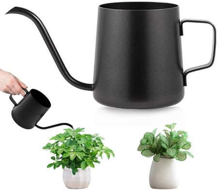 Svart vattenkanna liten för växter, 250 ml vattenkanna för inomhusväxter, mini vattenkanna, rostfritt stål, långt utlopp, trädgårdsvattenkanna för husväxter, bonsai, utomhusträdgård, blommor