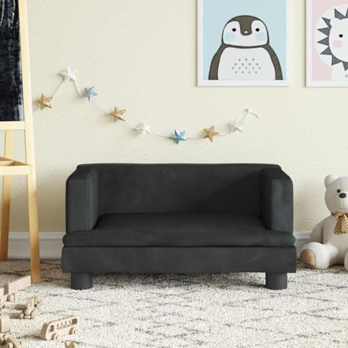 Barnsoffa svart 60 x 40 x 30 cm sammet med massiv furu, vadderad för barnrum, stabila babymöbler för lek, sömn, lindning och förvaring