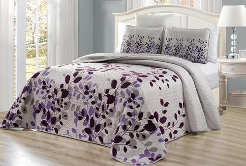 3-Piece Fine Printed Oversize (115 X 95) Fresca Quilt Set Reversible Bedspread Coverlet King Size Bed Cover (Purple, Grey, Vine)
