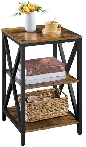 Yaheetech 3-Tier Side Table, Wooden X-Design End Table with Storage Shelf and Sturdy Metal Frame, telephone table for Bedroom, Sitting Room, Living Room, 39.5x39.5x62cm, Rustic Brown