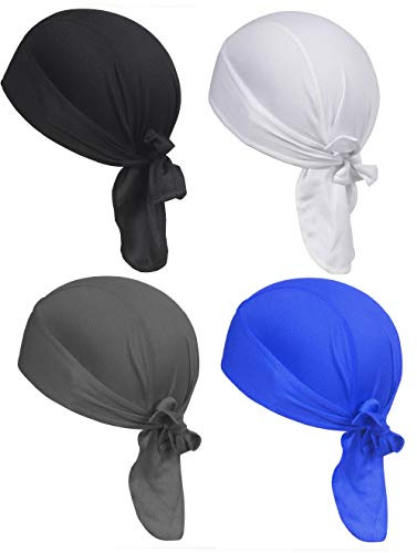 4 Pack Dew Rags Sweat Wicking Doo Cap, Cooling Helmet Liners, Sport Absorptive Moisture Pirate Scarf Bandana Skull Wrap Caps, Cycling Motorcycle Quick Drying Beanie Chemo Caps