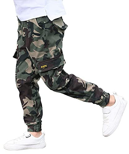 Rolanko Camouflage Hose Für Jungen, Kinder Outdoor Cargohose Mit-Taschen Mit Elastischem Bund, Camouflage, Etikettengröße: 130,6-7 Jahre