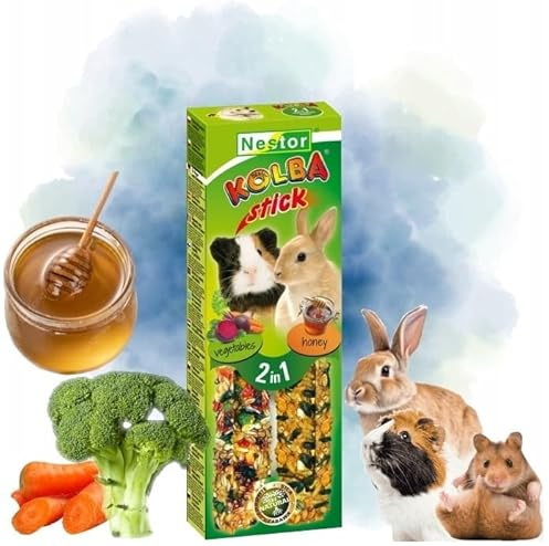 Twin Pack Hamsters and Rabbits Tow Sticks Food VEGETABLES and HONEY Flavor 115g Guinea Pig Rat Snacks Mouse Gerbil Rodents Animal Pet Vegetable Fruit 2in1 Seed Foods Treats with Hooks