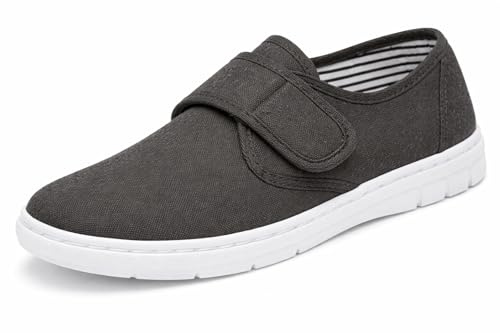 GladRags Mens Canvas Hook & Loop Strap Closure Wider Fit Plimsoll Pump Trainer Deck Shoe, Charcoal, Size 12