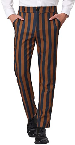 Lars Amadeus Pantalón de Vestir a Rayas para Hombre, Corte clásico, Parte Delantera Plana, Trabajo de Negocios, Baile de graduación Marrón Azul Marino S