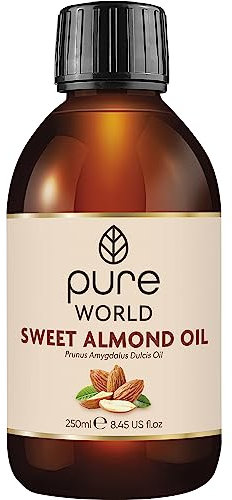 Pure World Natural Sweet Almond Oil 250ML 100% Pure and Naturral, Undiluted. Premium Quality Almond oil – Massage, Skin, Nails, Body and Face, Edible Vegan.