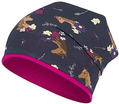 Smarilla Mädchen Mütze Übergangsmütze Beanie Pferde Katzen Punkte Frühling Herbst, Bekleidungsgröße: 54-56, Farbe: Dunkelblau-Pink