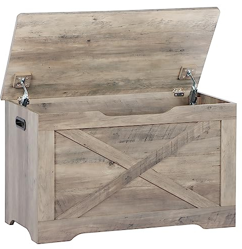 Timberer Storage Chest, Wooden Storage Bench, Entryway Shoes Bench with 2 Safety Hinges, Retro Storage Trunk for Living Room,Bedroom, 15.7 x 31.5 x 18.9 Inches, Grey