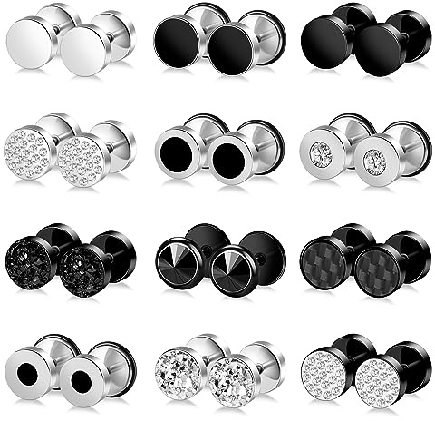 ONESING 12 Pairs Fake Gauge Earrings for Men Stianless Steel Mens Earrings Studs Round Faux Gauges Earring Piercings for Women Men