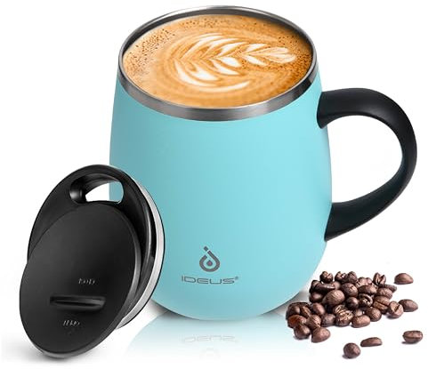 Ideus 16 oz (470 ml) Insulated Coffee Mug with Handle and Lid, Double Wall Stainless Steel Vacuum Thermal Coffee Mug, Travel Coffee Cup Thermal Cup for Home and Office (Sky Blue)