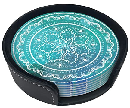 6 Stück Türkis Mandala Tribal Leder Untersetzer für Getränke mit Halter Untersetzer Sets Getränketisch Tassen Untersetzer für Wohnzimmer Küche Kaffee Dekor